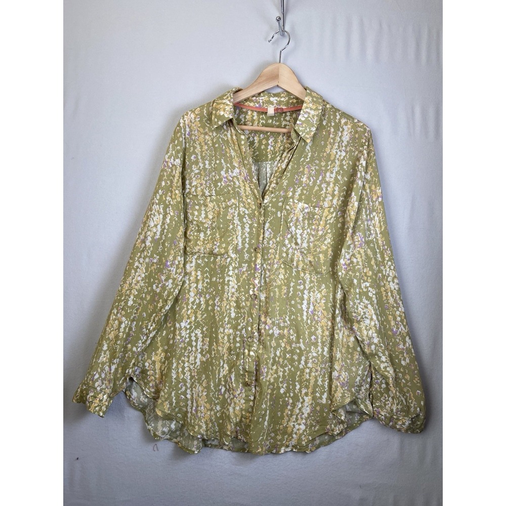 Pilcro Anthropologie Green White Leilani Button Front Shirt V-Neck Women Size M